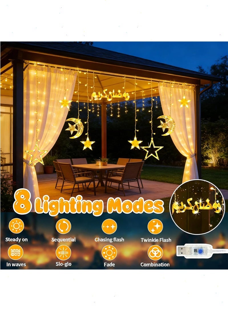 توبيتش أضواء رمضان، أضواء زينة رمضان بيضاء دافئة على شكل قمر ونجوم، زينة نوافذ 8 أوضاع إضاءة داخلية وخارجية لزينة المنزل في رمضان - Image 2